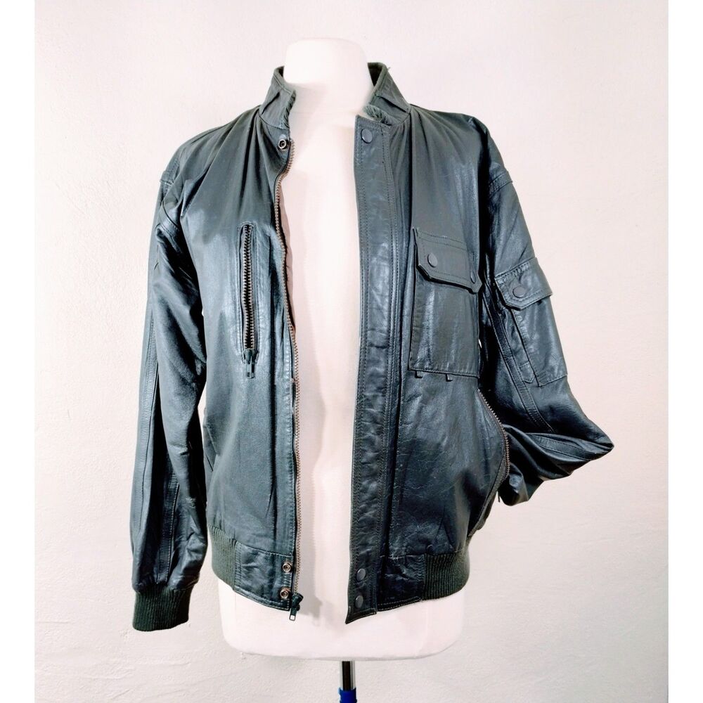 Vintage Star Gear Mens Leather Bomber Jacket 90s Slim Fit Pockets Stylish 44